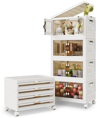 BTGGG 35L*4 Pack Aufbewahrungsboxen mit Deckel, Kunststoff-Aufbewahrungsbox Organizer Box mit Rollen, Faltbare Aufbewahrungsschubladen Stapelboxen mit Deckel mit Tür, Transparent und Stabil
