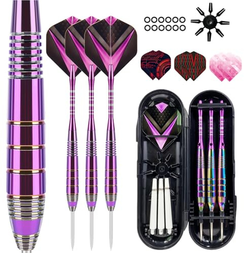 Mhekrep dartpilar med metallspets 22 g, premium ståltip dartset, professionell stålarts med metallspets stålpilar set stålspets dart set 3 aluminiumskaft + extra 6 dartvingar (lila)