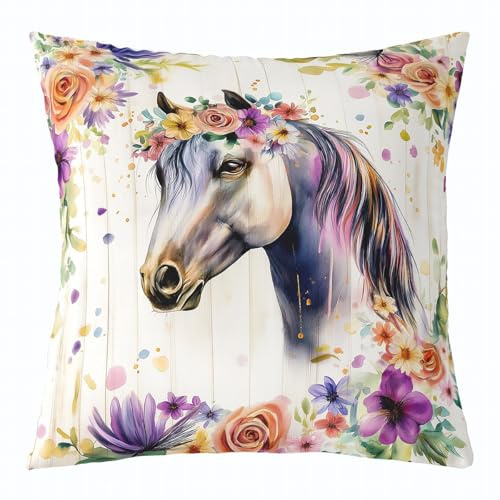 Homewish Kissenbezug Pferd 45X45 Kinder Mädchen, Wildtier Bedruckt Kissenhülle Niedlich Für Teenager, Ästhetische Blumen Kissenbezug Mit Reißverschluss Dekokissenbezug,Waschbar