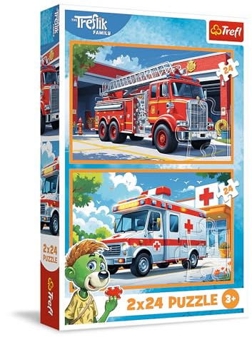 Trefl - Puzzle 2in1: The Treflik Family, Vigili del Fuoco e Ambulanza - 2 x 24 Pezzi, Set di Due Puzzle per Bambini dai 3 anni