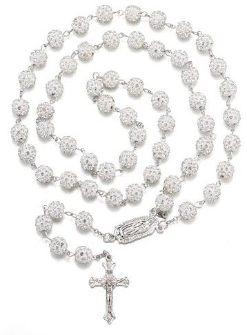 RWQIAN Rosenkranz Katholische Halsketten für Damen Herren, Bling Rosenkranz Perlen Kette mit Kreuz Anhänger, Erste Heilige Kommunion Taufe Geschenk Religiöse Gebetskette Schmuck für Mädchen Jungen