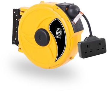 Hose Reel Pro Retractable Extension Cable Reel, Heavy Duty Power Cable 9m Retractable Cable Reel Double Sockets 13A Power Switch (Yellow)