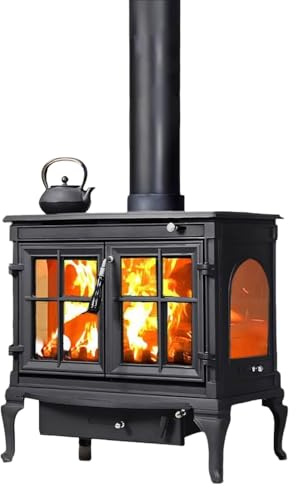 Poêle à Bois 20 KW en Fonte,Chauffage Haute Efficacité pour 120 m², Système de Verre Autonettoyant, Sortie Fumée Supérieure et Tiroir à Cendres