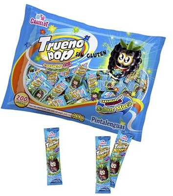 Trueno Pop sabor Mora – Caramelos Pintalenguas con Chasquido – Bolsa de 200 unidades de caramelos con efecto pintalenguas y chasquido, sabor mora, perfectos para fiestas