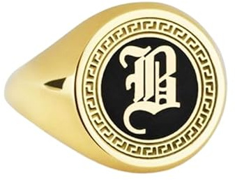 B-Siegelring mit Initiale, schwarzer Emaille-Mittelbuchstabe, individuelles Geschenk, Monogramm, Rosa, 925er-Sterlingsilber (Ringgröße 5–12,5), vergoldet, WW_PDR_00200, 14x14mm, Sterling Silber, Kein