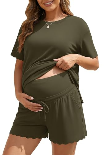 Charmo Shorts for Women Side Split Maternity Clothes Summer Vacation Outfits Drawstring Womens Shorts Pocket Army Green S