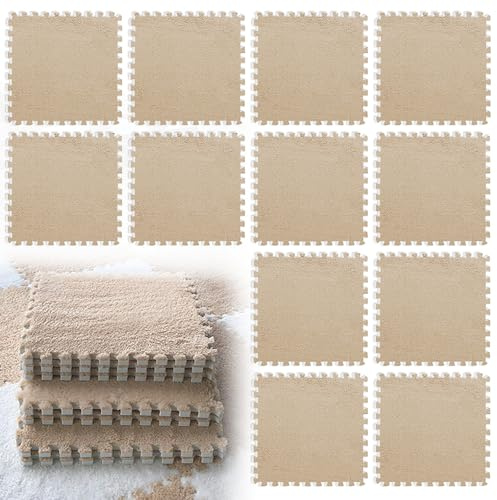 LUPATDY 12 tappetini in schiuma di peluche a incastro, 30 x 30 cm, per piastrelle, puzzle, per soggiorno, camera da letto, per pavimenti (marrone chiaro)