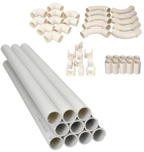 Jandei - Pack 10 uds. Tubo para Cables PVC Rígido Blanco Longitud 1 Metro. Diámetro 20 mm. Funda de Cable con Grapas de Sujección, Codo 90 Grados,Manguitos y Curvas de Empalme.