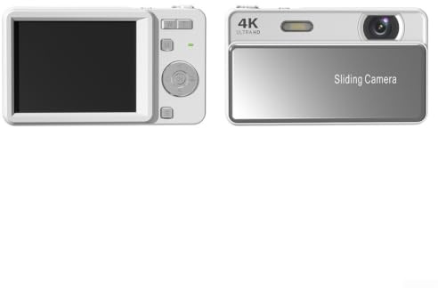Cámara digital deslizante portátil de 64 MP, zoom digital de 16x, grabación de video 4K, pantalla HD de 2.8 pulgadas, estabilización electrónica para estudiantes, viajes, color plateado (blanco)