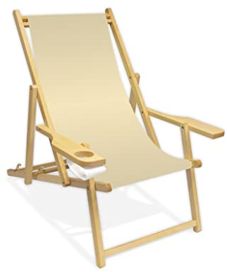 Holz-Liegestuhl mit Armlehne und Getränkehalter, Klappbar, Wechselbezug (Naturweiß)