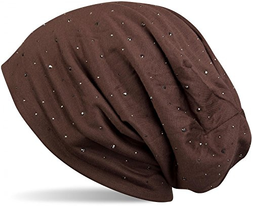 styleBREAKER dammössa dekorerad med eleganta strasstenar, lång beanie, 04024037, Mörkbrun, En Storlek