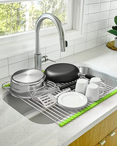 Pennakool Roll Up Dish Drying Rack XL 20x18 Inch Stainless Steel - Over The Sink Design with 38% More Drying Space - Saves Counter Space for Small Kitchens