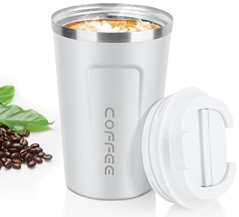 MOMSIV White Coffee Cup, Vacuum Reusable Leakproof Double Wall Coffee Cup, Insulation Stainless Steel Eco-Friendly Travel Office Mug for Hot Coffee Tea and Cold Drinks, 13oz/380ml