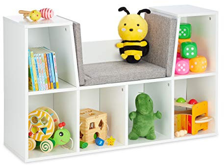 Relaxdays Bücherregal mit Sitzkissen, Kinderregal mit 6 Fächern, 63x103x30 cm, gepolstert, Sitzbank Kinderzimmer, weiß