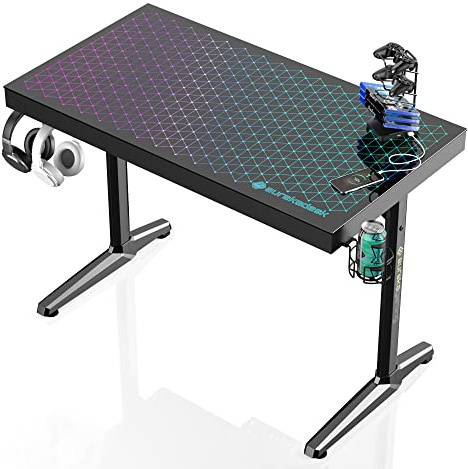 EUREKA ERGONOMIC Gaming Tisch mit RGB 110cm Gaming Schreibtisch Glass Gamer Computertisch mit Music Reactive RGB LED-Beleuchtung via App-Steuerung