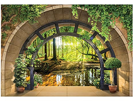 WallArena - Vlies Fototapete Wald Bach Fenster mit Aussicht Natur Ausblick 416x254 cm - Fototapeten - Tapeten - für Wohnzimmer Schlafzimmer - Vliestapete Wandtapete Tapete 3D Effekt- inkl. Kleister