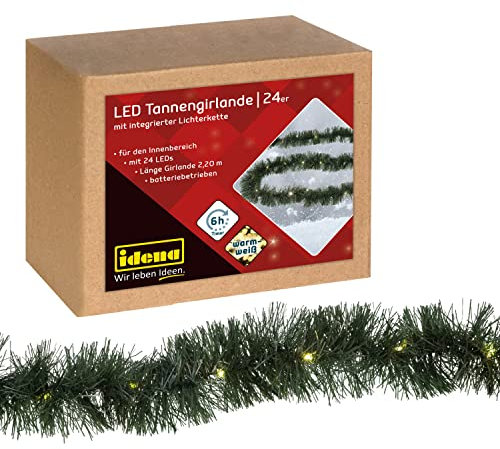 Idena 31345 - LED Tannengirlande mit 24 LEDs in Warmweiß, mit 6 Stunden Timer-Funktion, batteriebetrieben, ca. 2,2 m lang, Deko für Innen, zum Basteln, als Party Deko, Advents- und Weihnachtsdeko
