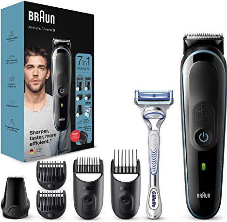 Braun Multi-Grooming Kit 3, 7-in-1 Beard Trimmer and Hair Trimmer Men's Trimmer Hair Trimmer for Facial and Head Hair, 5 Attachments, MGK3342, Black/Blue