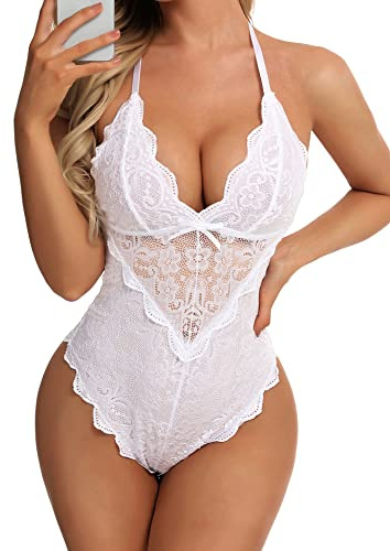 Aranmei Body de encaje sexy con broche por presión en la entrepierna para mujer, lencería de una pieza tipo Teddy, blanco, S