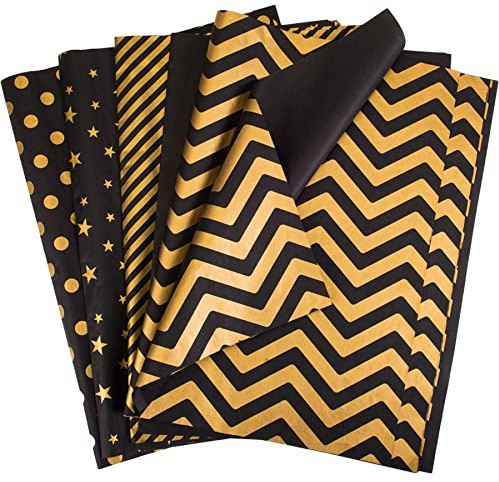 Larcenciel 50 Ark Silkespapper, Svart Guld Silkespapper, 5 Typer Metalliskt Omslagspapper, Hantverkspapper Present Förpackning Material för Bröllop, Baby Shower, Födelsedag (50 x 35 cm)