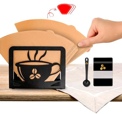 3er-Set: Kaffeefilterhalter + Löffel + Beutel für gemahlenen Kaffee - Schwarz - Ideal als Filterkaffeemaschine/Küchenecke/Geschenkidee (Filtertütenhalter Halter für Kaffeefilter Filtertüten-Spender)