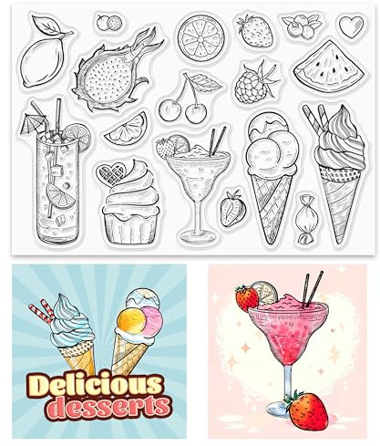 GLOBLELAND Eiscreme und Obst Klare Stempel für DIY Scrapbooking Dekor Cupcakes Getränke Erdbeeren Transparente Silikonstempel für die Herstellung von Karten Fotoalbum Dekoration