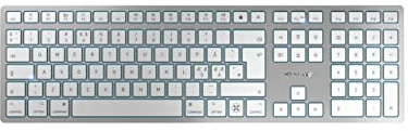 CHERRY KW 9100 Slim for MAC, Kabellose Mac-Tastatur, Pan-Nordisches Layout (QWERTY), Bluetooth oder 2,4 GHz Funk, Flache Tasten, Wiederaufladbar, Weiß-Silber