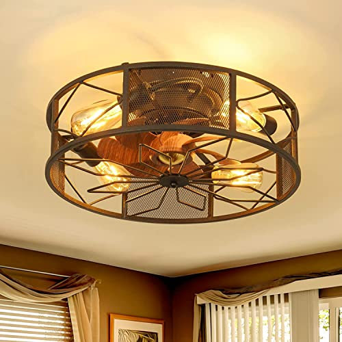 Ventilatori Da Soffitto Silenziosa Con Illuminazione e Telecomando Plafoniera Gabbia in Retrò Fan Ceiling light industrial Vintage Ventilatore da Soffitto con Luce (A 50 * 50 * 19cm E27)