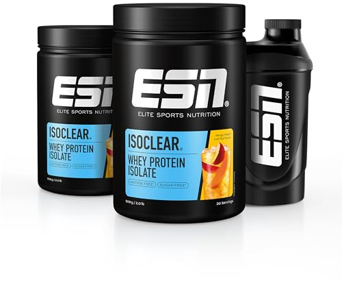 ESN ISOCLEAR Whey Isolate Protein Pulver, Mango Peach Iced Tea, 2 x 908 g + Gratis Shaker, 3