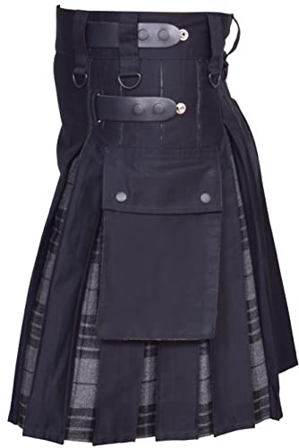 Men's Plus Size Scottish Hybrid Black Cotton & Tartan Utility Kilt with Leather Straps - 30'' Waist at Belly Button