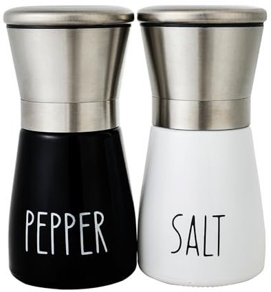 Lot de 2 moulins à sel et poivre noirs et blancs originaux - Moulin à sel et poivre réglables - Salière et poivrière en acier inoxydable et verre