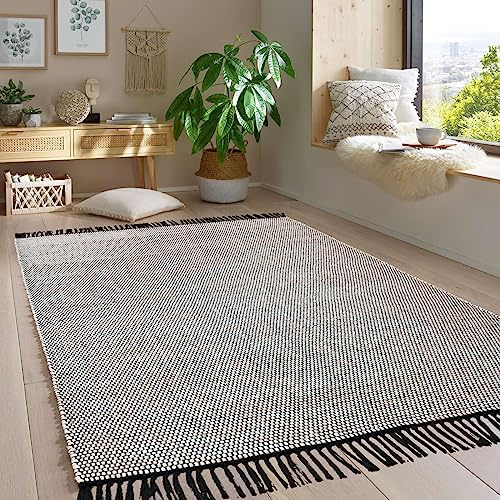 Taracarpet Handwebteppich Borkum Teppich fürs Wohnzimmer, Schlafzimmer und als Küchenteppich geeignet 100% Baumwolle weiß 080x150 cm