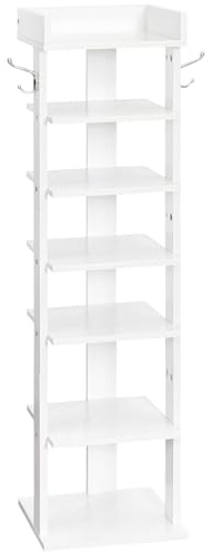 HOOBRO Zapatero, Estante Zapatero Estrecho, Mueble Zapatero de 7 Niveles, Zapatero Vertical con 2 Ganchos, Ahorro de Espacio, para Entrada, Salón, Dormitorio, Blanco EWT61XJ01