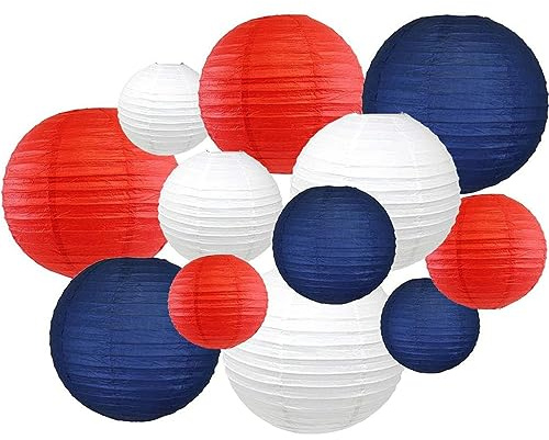 Surwin Bunte Papierlaterne Set, 12 pcs Hochzeitsdeko Party Deko Lampions, Rund Papierlampe Hängend Papierlaternen für Geburtstag, Abschlussfeier, Babyparty, Brautdusche (Rot/Weiß/Blau)