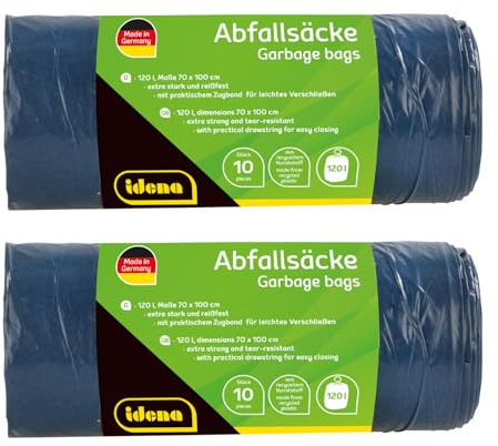 Idena 50056-2 - Abfallsäcke Set, 2 Rollen mit jeweils 10 Stück, blau, 120 Liter, 40µ extra stark und reißfest, mit praktischem Zugband, Zugbandsäcke