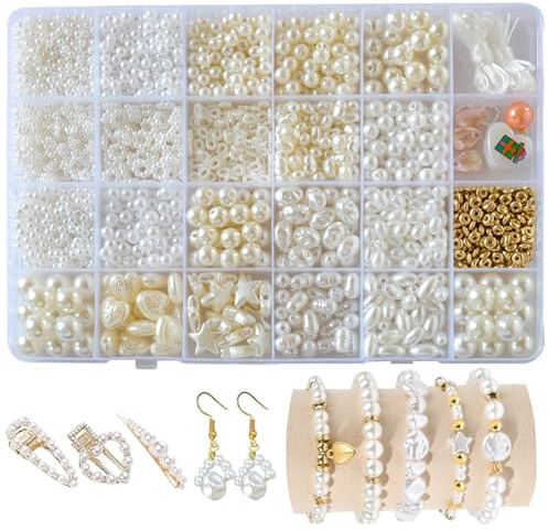 BOMULEZG Weiße Perlen Set zum Armbänder Selber Machen, DIY Schmuck Bastelset für Mädchen & Erwachsene, Perlen zum Auffädeln für Armband, Halskette, Geschenkideen (2)