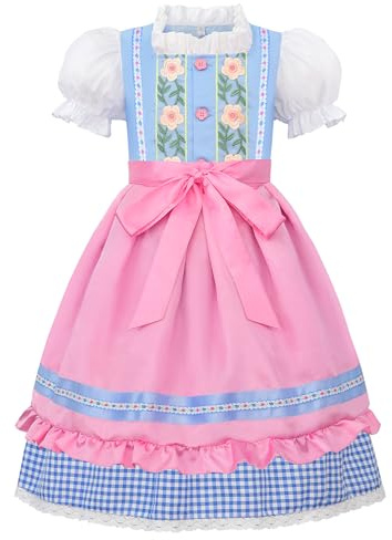 ReliBeauty Kids Girls Dirndl Dress Oktoberfest Costume German for Girls,Blue & Pink,100