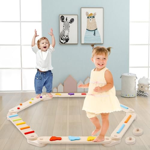 Holz Kleinkinder Schwebebalken Bunte Hindernisstange,Balancierbalken Kinder Montessori Spielzeug für Drinnen und Draußen,Holz-Balance-Board für Kinder für Koordination und Stabilität ab 3-7 Jahren