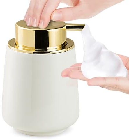 Modern Foam Soap Dispenser for Bathroom, Chic Ceramic Bottle, Gold Soap Dispenser Pump (White)