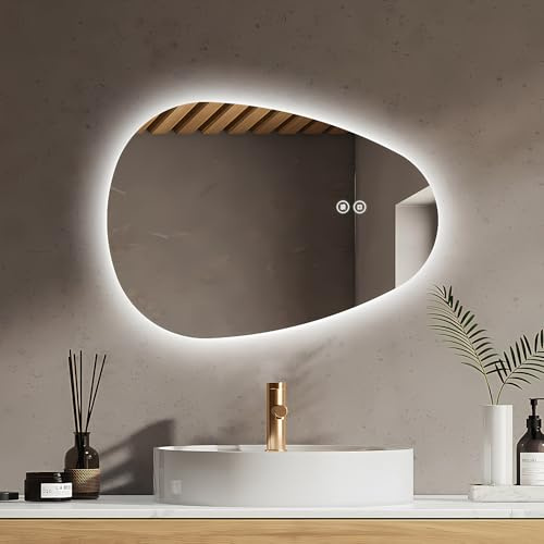 EMKE Badezimmerspiegel mit Beleuchtung Asymmetrischer Spiegel 60 x 45 cm mit Touch-Schalter, 3 Lichtfarben Dimmbar, Beschlagfrei Badspiegel mit Beleuchtung IP44 Energiesparend