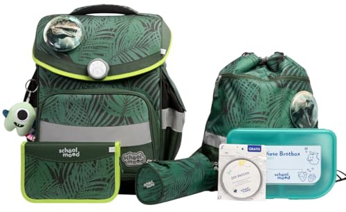 SCHOOL-MOOD Timeless Pro Schulranzenset 7-teilig 23,5L Stauraum, ergonomisches Easy Fit System für 1 m bis 1,50 m Körpergröße, standfest, wasserdichter Stoff mit Reflektoren (Daniel Dinosaurier)