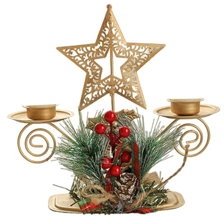 LUCKGONI Eleganter goldener Eisen-Weihnachtskerzenhalter für Doppel-Kerzenzapfen, Tannenzapfen, Beeren, Kerzenständer für Festival-Tischdekorationen