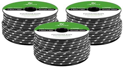 Abma Cord Polyesterseil 5mm x 20m Seil Geflochtene Schnur Reißfest für Outdoor, Boot, Festmacher, Zelt, Garten - Schwarz/Weiß