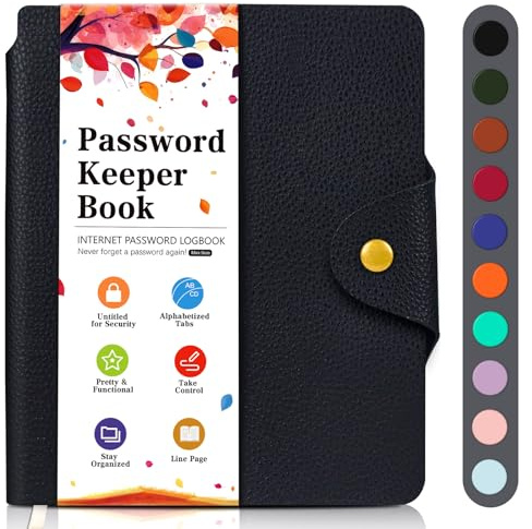 BLESWIN Password Book with Alphabetical Tabs, Username and Password Logbook, Small Password Notebook for Computer and Internet Address Website Login, Password Book for Men Women (Black)
