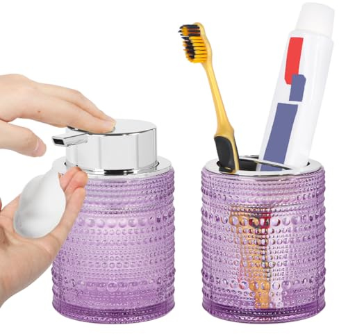 Tonxus Purple Bathroom Accessory Set, Glass Foam Soap Dispenser and Toothbrush Holder Set, Bathroom Soap and Toothbrush Holder Set, Glass Foaming Hand Soap Dispenser for Countertop Decor