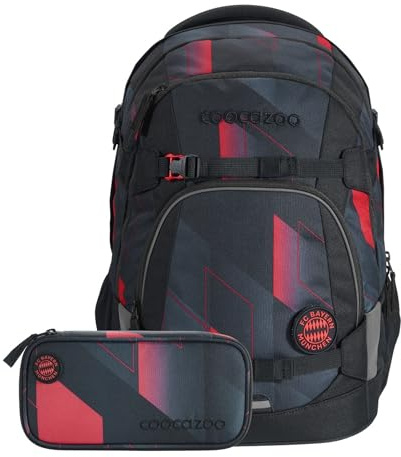 coocazoo Schulrucksack-Set Mate „FC Bayern”, schwarz-rot, inkl. Schlampermäppchen, ergonomischer & anpassbarer Tornister, höhen- & größenverstellbar, mit Brustgurt & Hüftgurt, ab der 3. Klasse