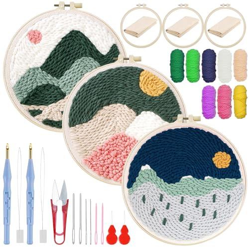 Woohome Punch Needle Kit, Stanznadel Stickerei Starter Kit, Sticktuch mit Muster, Stickrahmen Fäden, Anleitung für Kunsthandwerk (Bergkulisse)