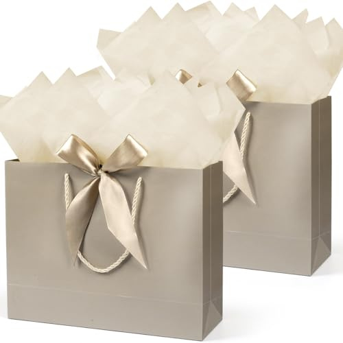2 Stück Geschenktüten groß, Champagner Geschenktüte Set mit Seidenpapier und Grußkarte, Papiertüten mit Henkel, Geschenktaschen Geschenktüten für Geburtstag, Party, Hochzeit, Feier, 32 x 25 x 11 cm