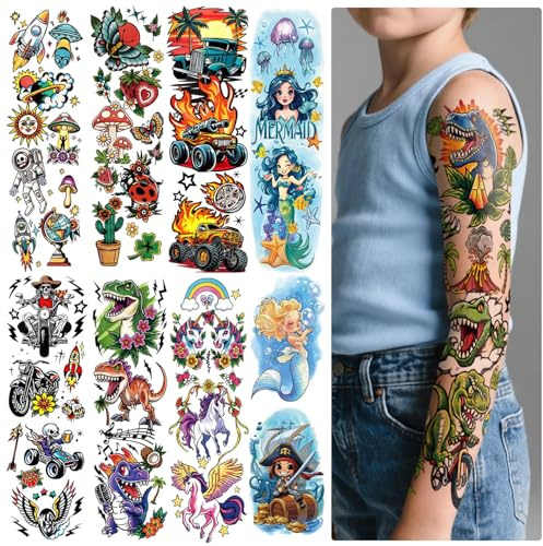 52 Sheets Temporary Tattoos Kids Full Arm Sleeve Mermaid Unicorn Butterflies Fake Tattoos for Girl, Dinosaurs Monster Car Space Stickers for Boy, Birthday Gifts Party Supplies