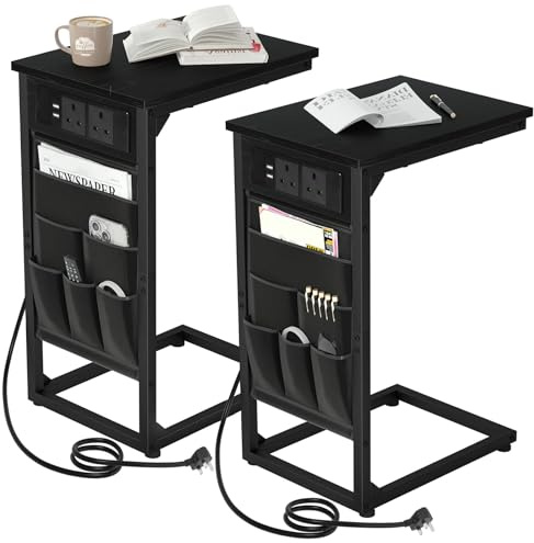 AMHANCIBLE C-Shaped Side Table with Charging Station, Side Table Set of 2